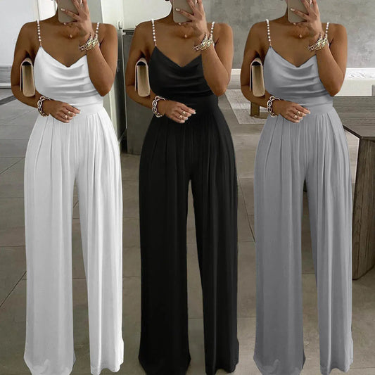 Elegant Jumpsuits Woman Party Clothing Sexy Sleeveless Pearl Sling Rompers 2023 Wide Leg Overalls