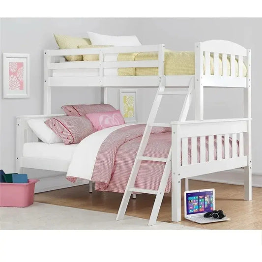 Dorel Living Airlie Solid Wood Bunk Beds Twin Over Full with Ladder and Guard Rail, White bunk bed  wooden bed Children Beds