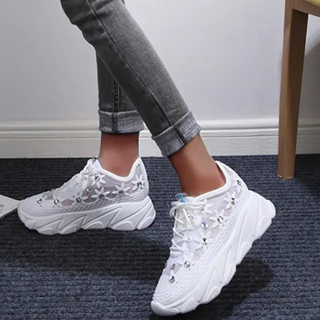 Casual Vulcanized Shoes New Breathable Sports Shoes Women Mesh Rhinestone Platform Platform Wedge-heel Hollow Lace-up Sneakers